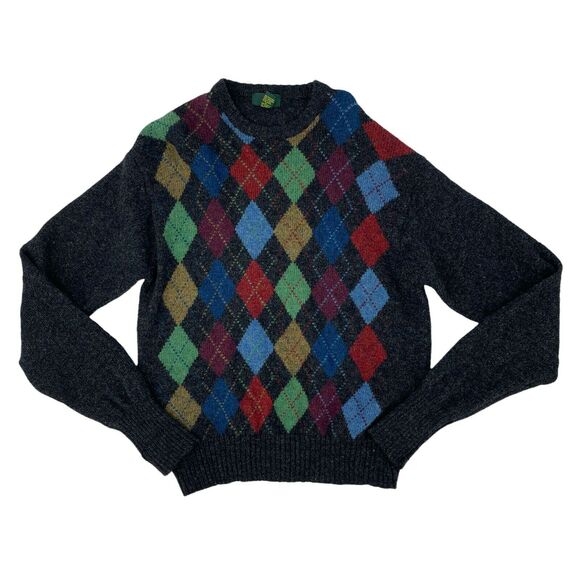 Vintage Club Room Shetland Wool Sweater Mens L Large Argyle Plaid Crew Neck 90s - Picture 1 of 8